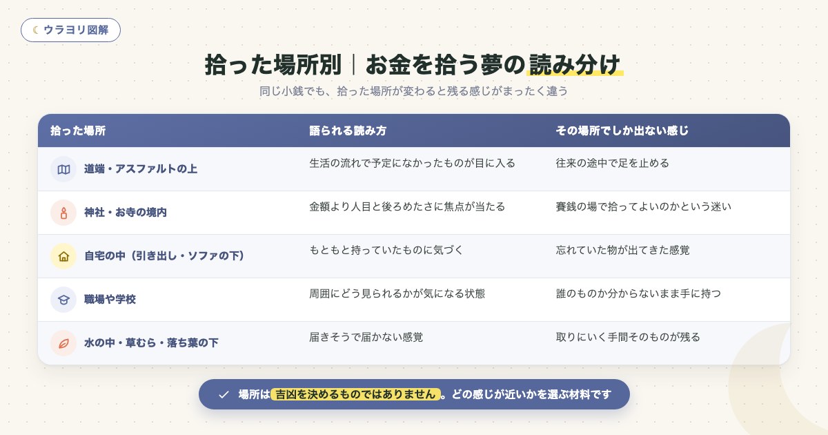 図解:拾った場所別|お金を拾う夢の読み分け