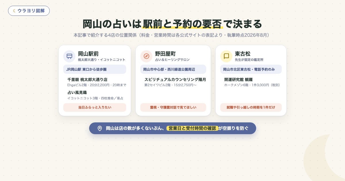 図解:岡山の占いは駅前と予約の要否で決まる