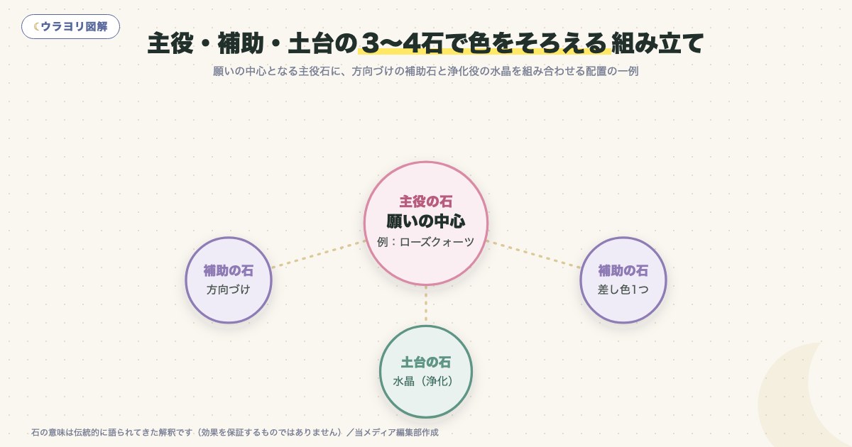 図解:主役・補助・土台の3〜4石で色をそろえる組み立て