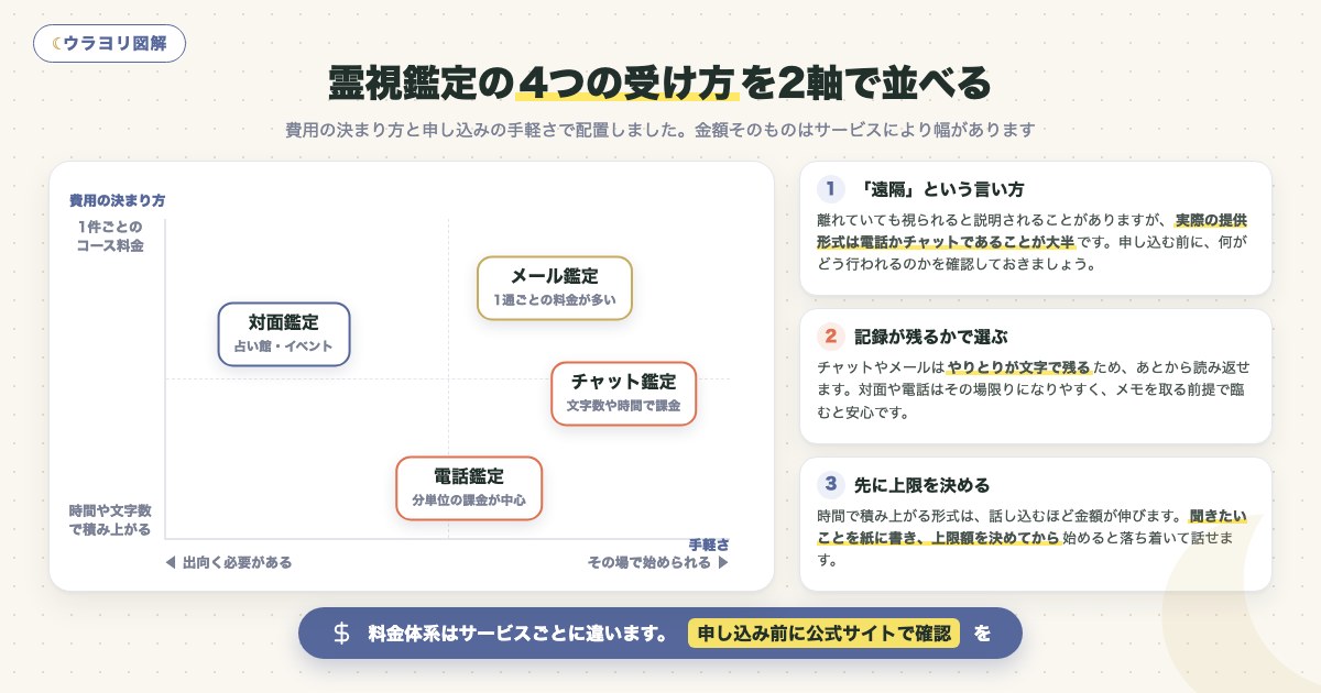 図解:霊視鑑定の4つの受け方を2軸で並べる