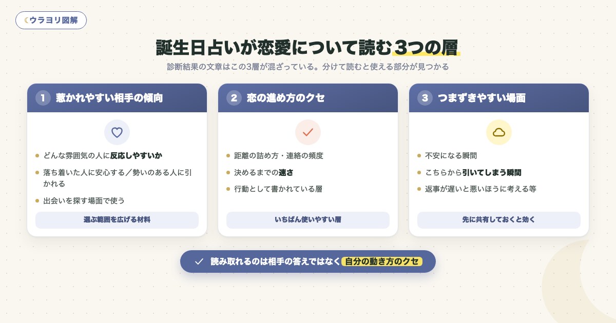 図解:誕生日占いが恋愛について読む3つの層