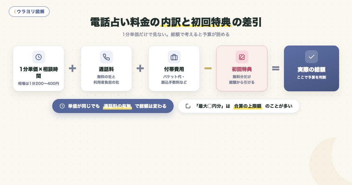 図解:電話占い料金の内訳と初回特典の差引