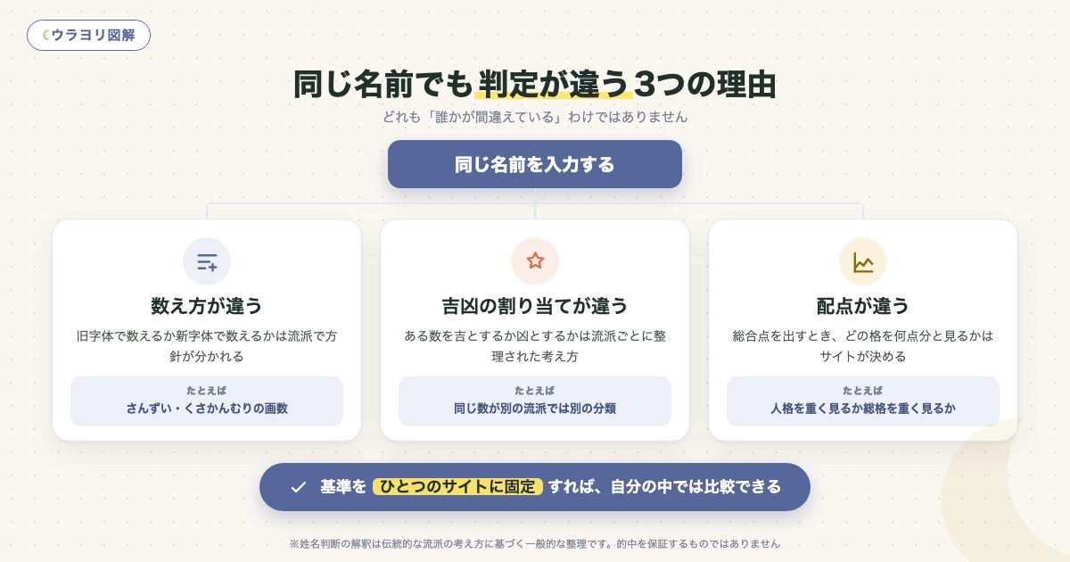 図解:同じ名前でも判定が違う3つの理由