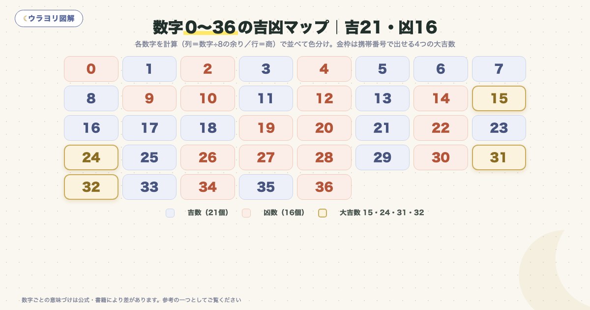 図解:数字0〜36の吉凶マップ|吉21・凶16