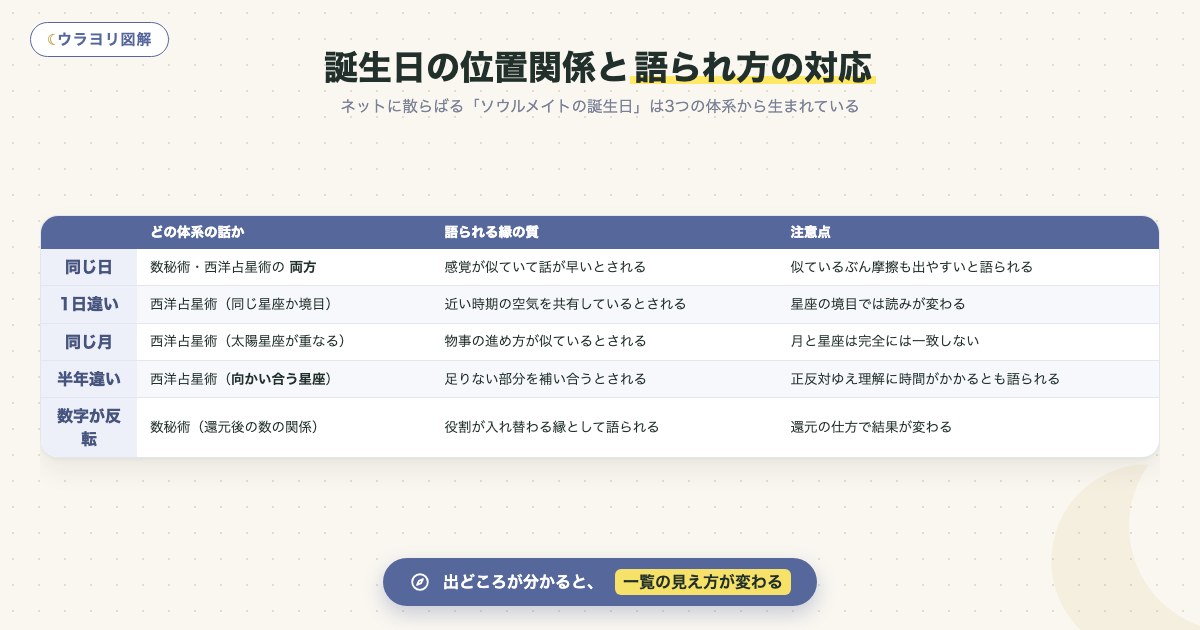 図解:誕生日の位置関係と語られ方の対応
