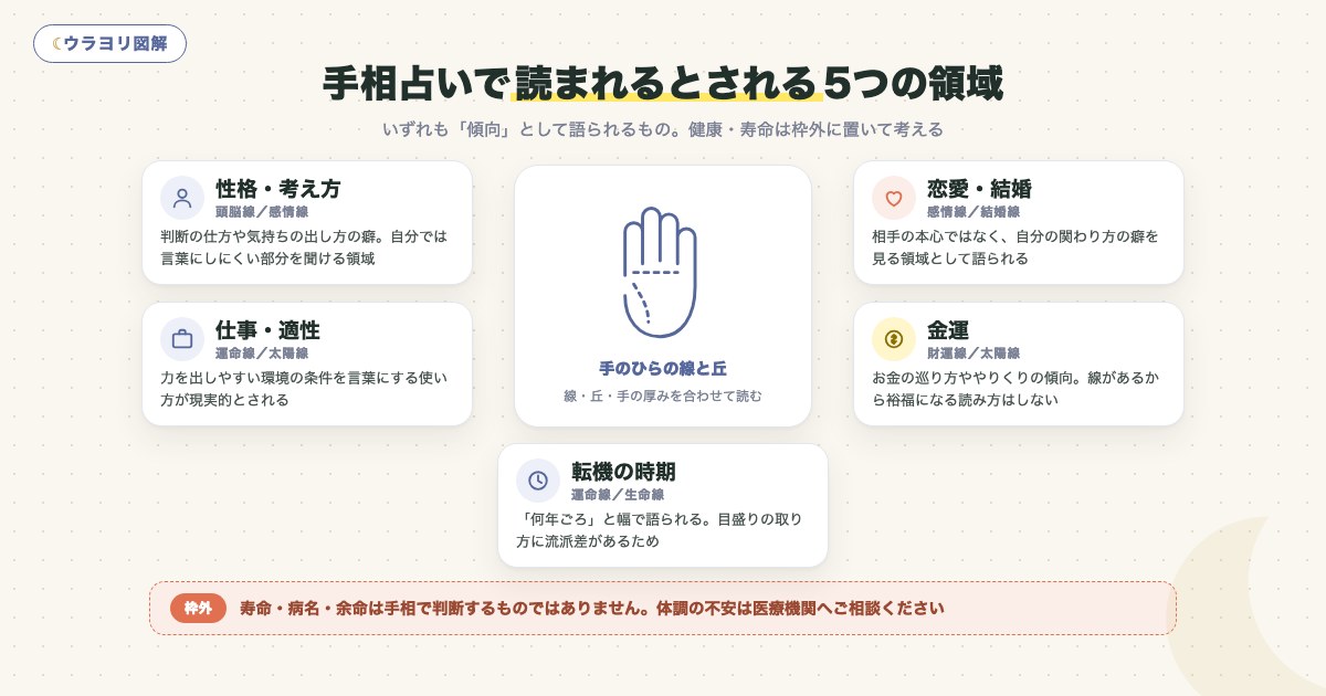 図解:手相占いで読まれるとされる5つの領域
