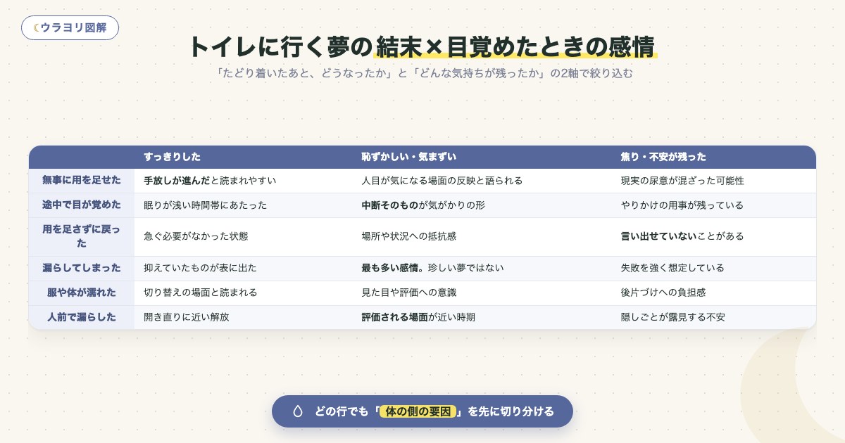 図解:トイレに行く夢の結末×目覚めたときの感情