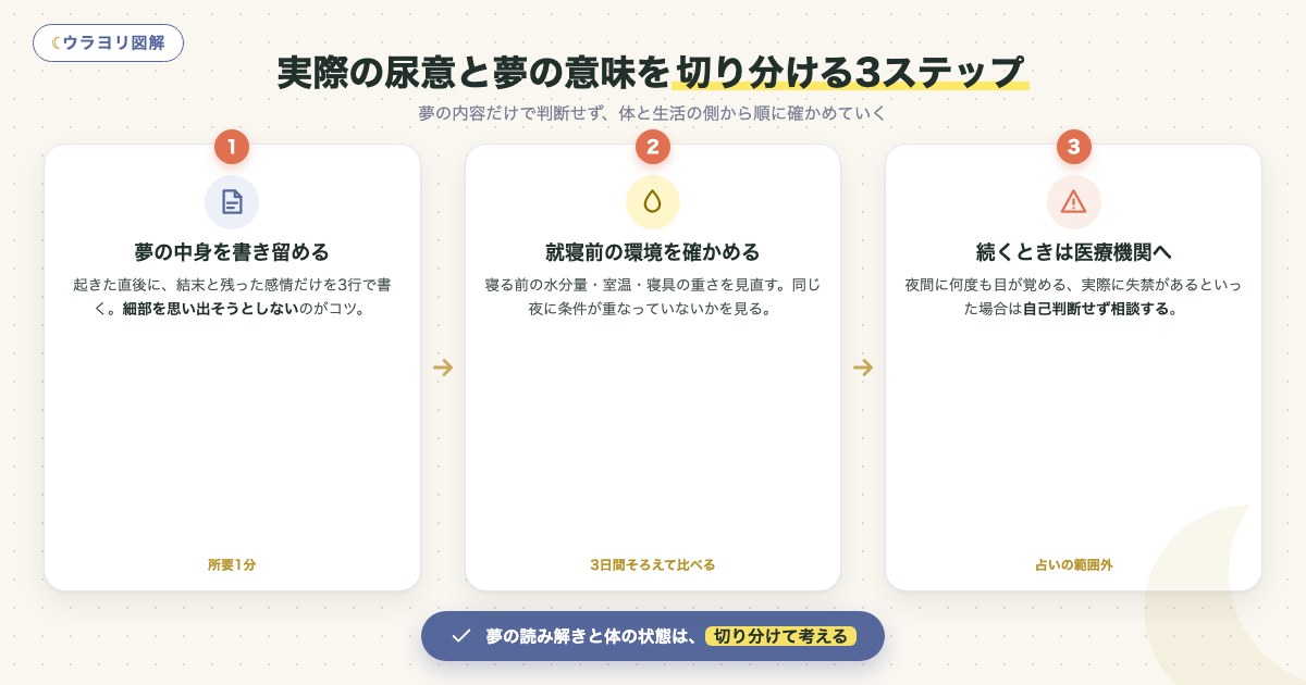 図解:実際の尿意と夢の意味を切り分ける3ステップ