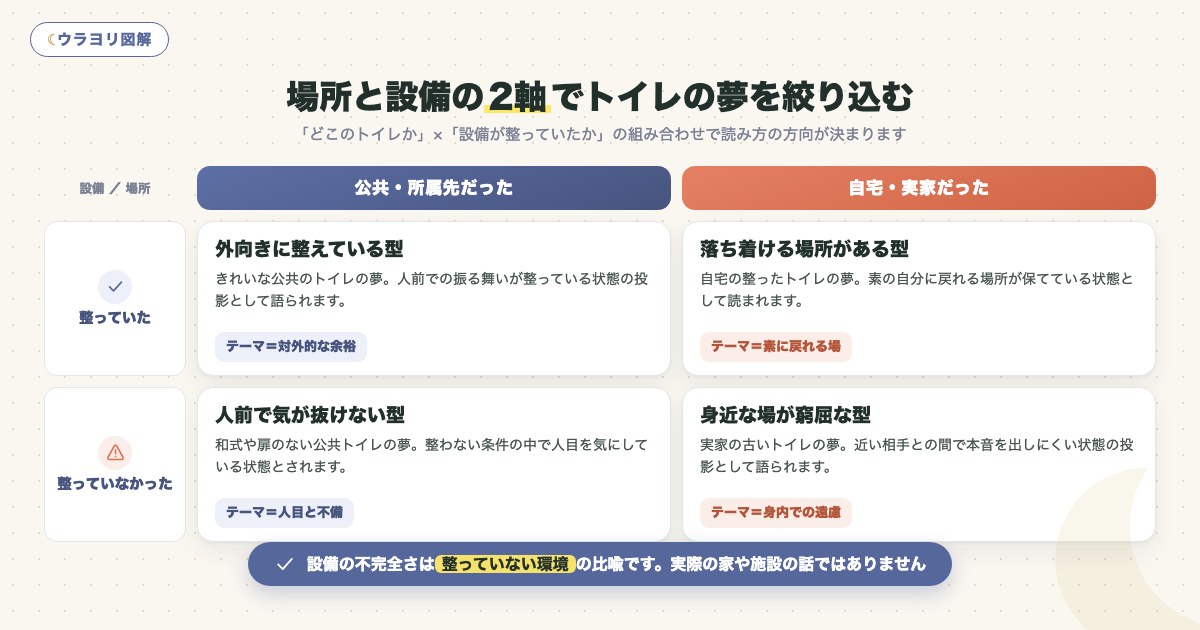図解:場所と設備の2軸でトイレの夢を絞り込む