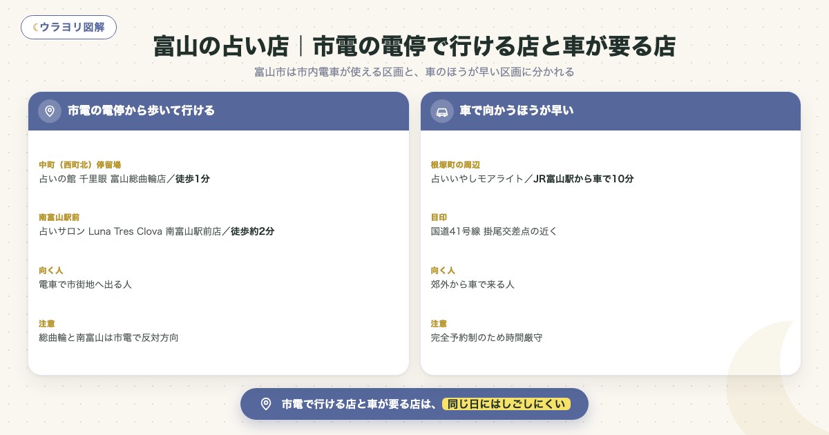 図解:富山の占い店|市電の電停で行ける店と車が要る店