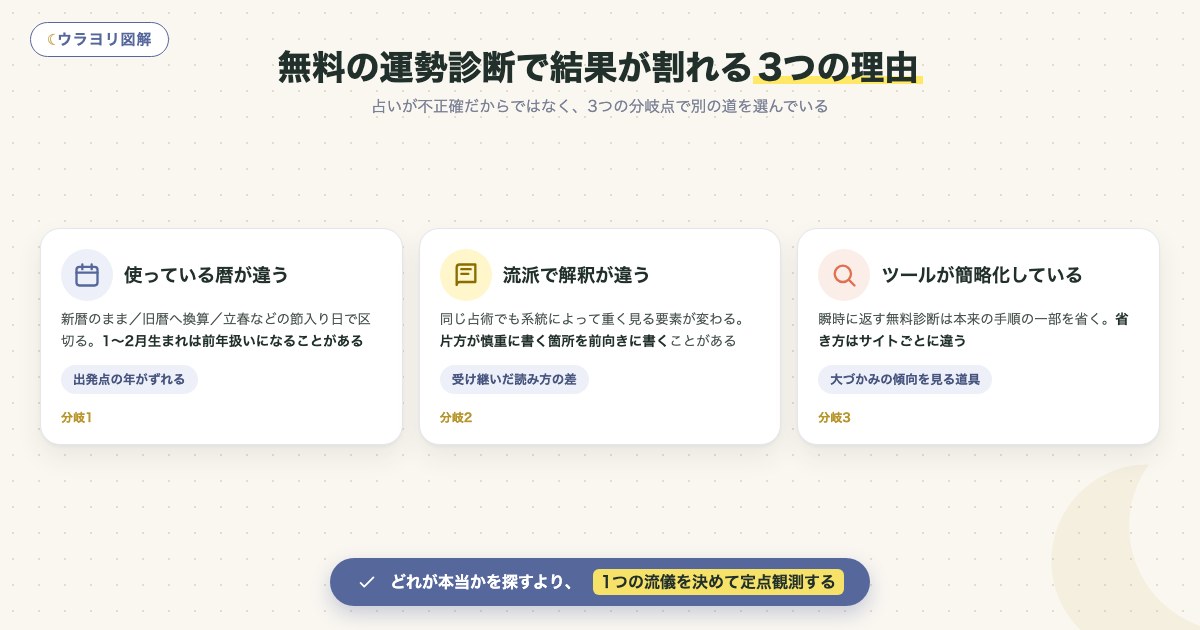 図解:無料の運勢診断で結果が割れる3つの理由